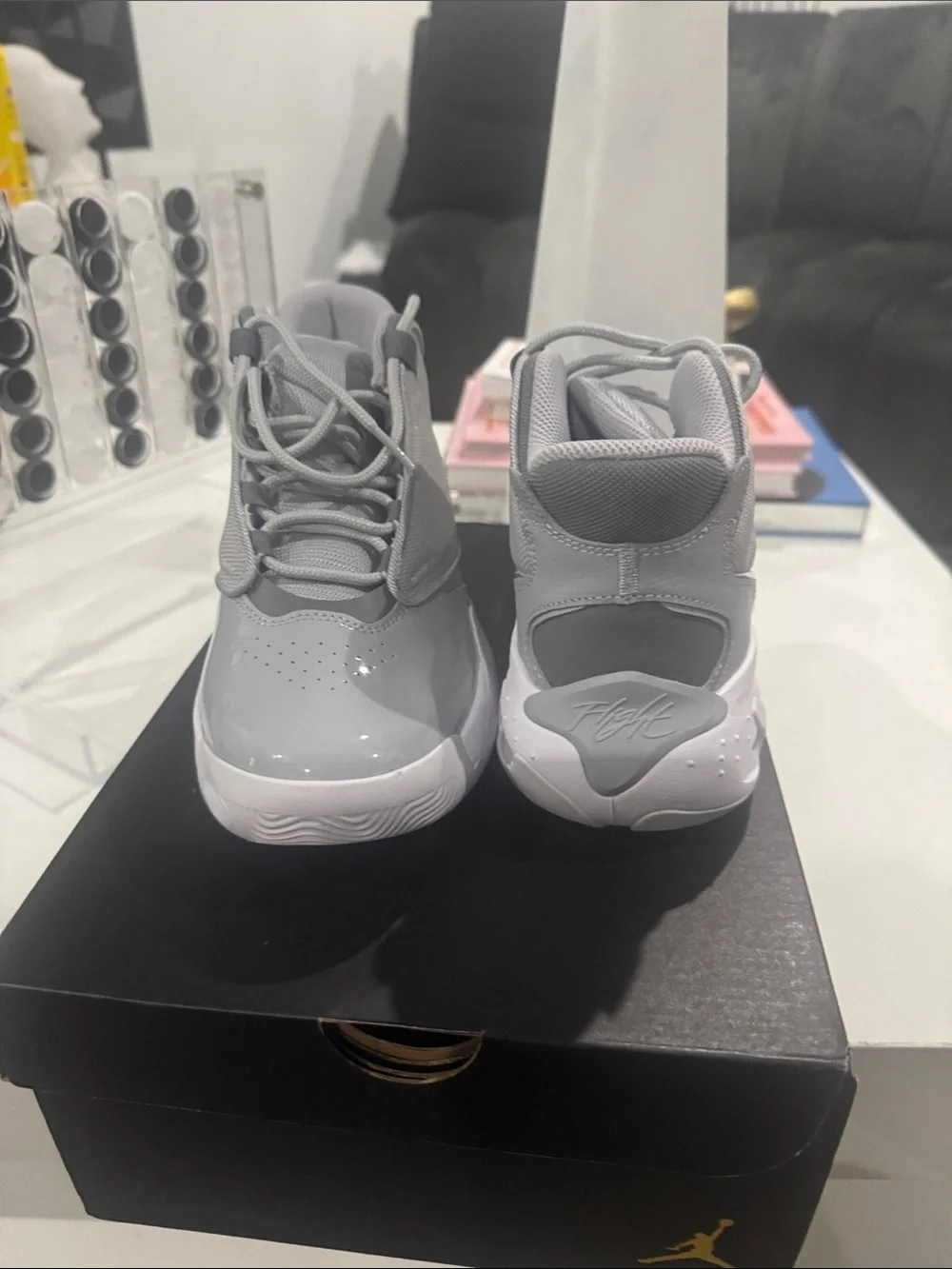 Jordan Youth Glossy Grey and White Retro Basketball Sneakers